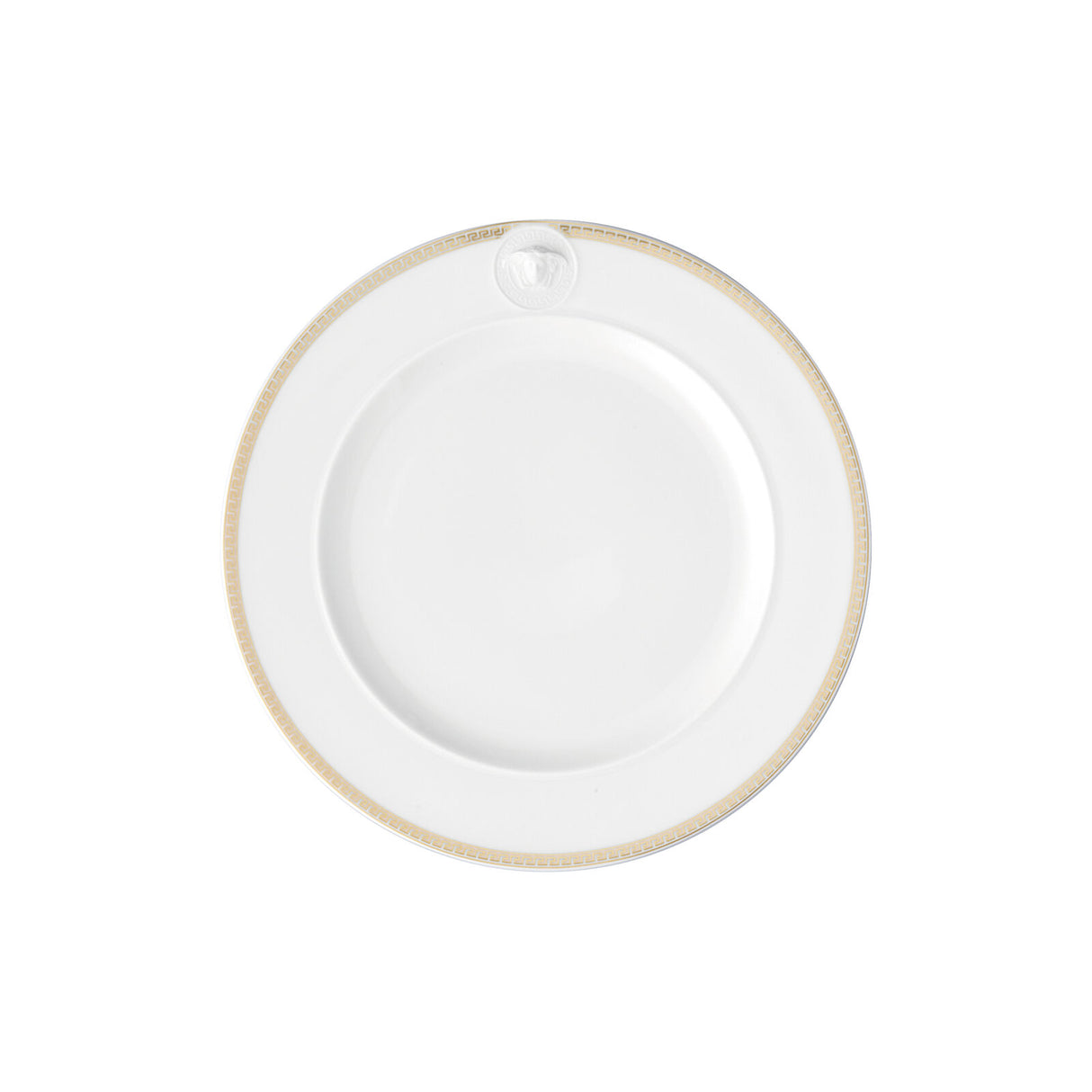 Piatto piano Medaillon Meandre d'Or Versace in porcellana bianca e oro