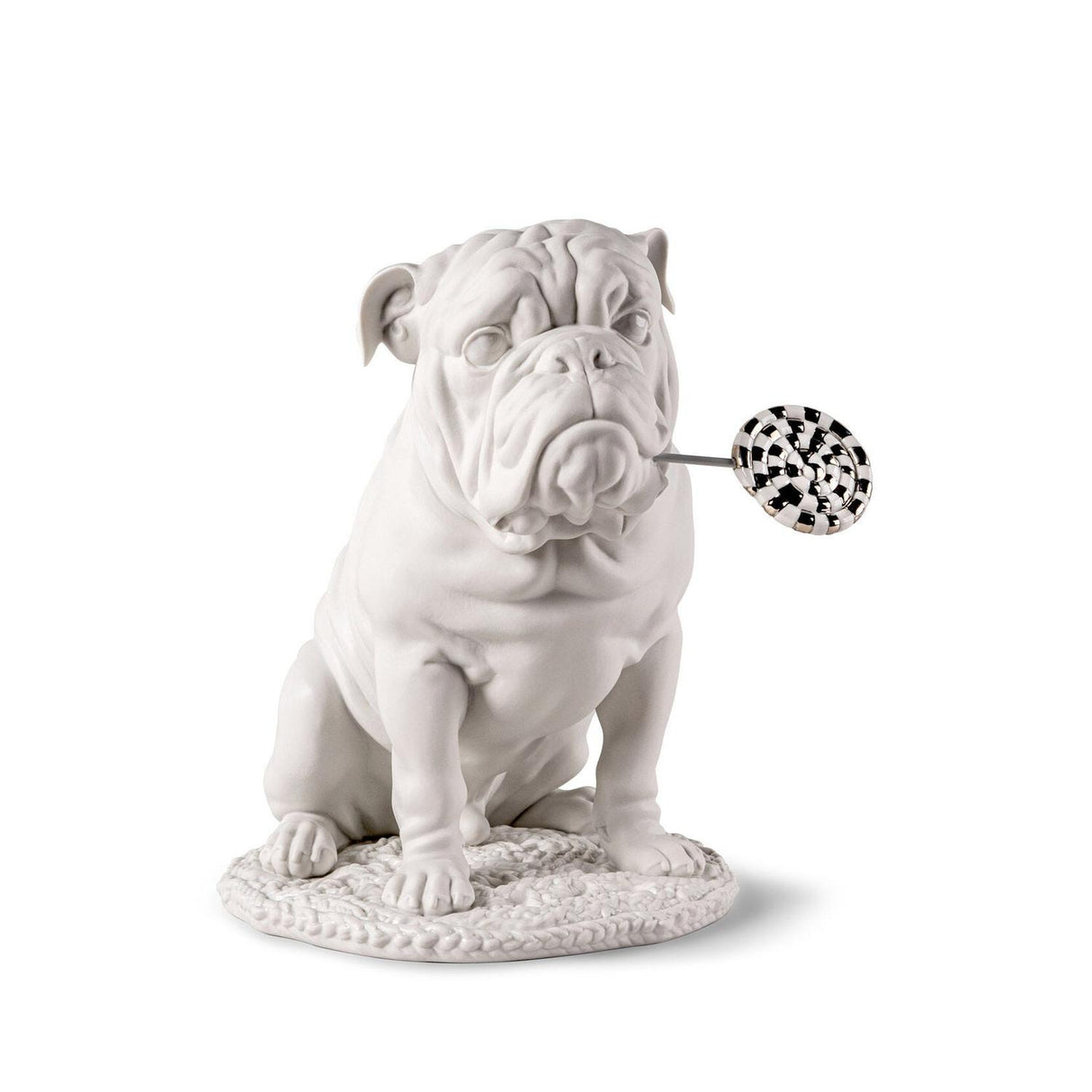 Statuina Bulldog con lecca lecca Lladrò in porcellana bianca opaca 33x33 cm