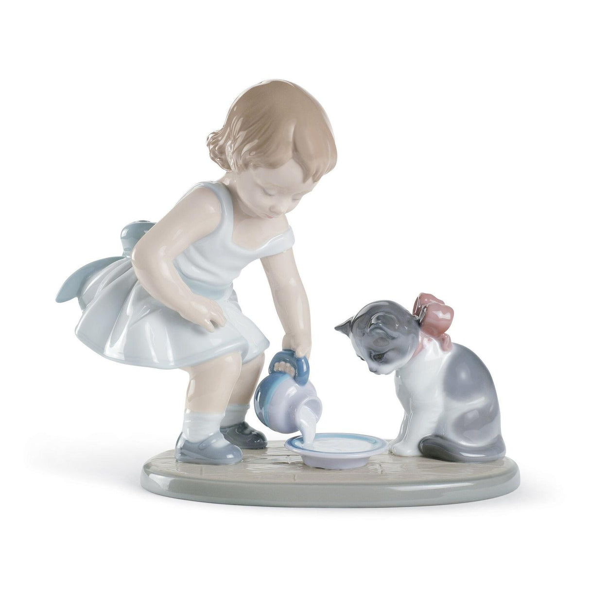 Statuina La Colazione del Gatto Lladrò in porcellana lucida 17x20 cm