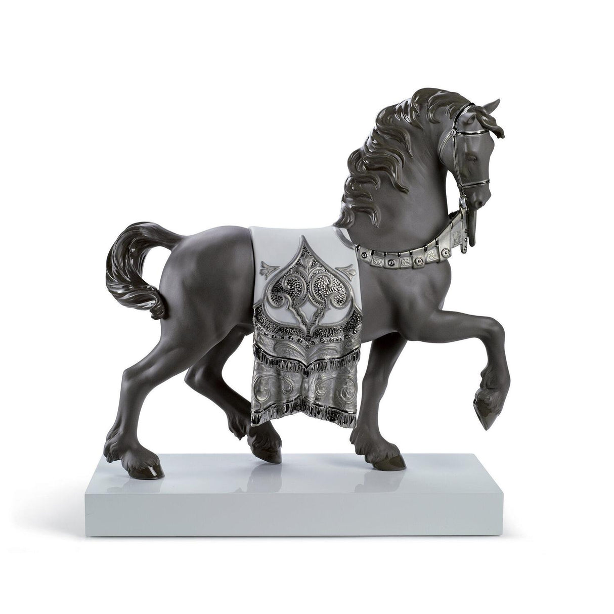 Statuina Cavallo Cortigiano Lladrò in porcellana bianca e argento 42x40 cm