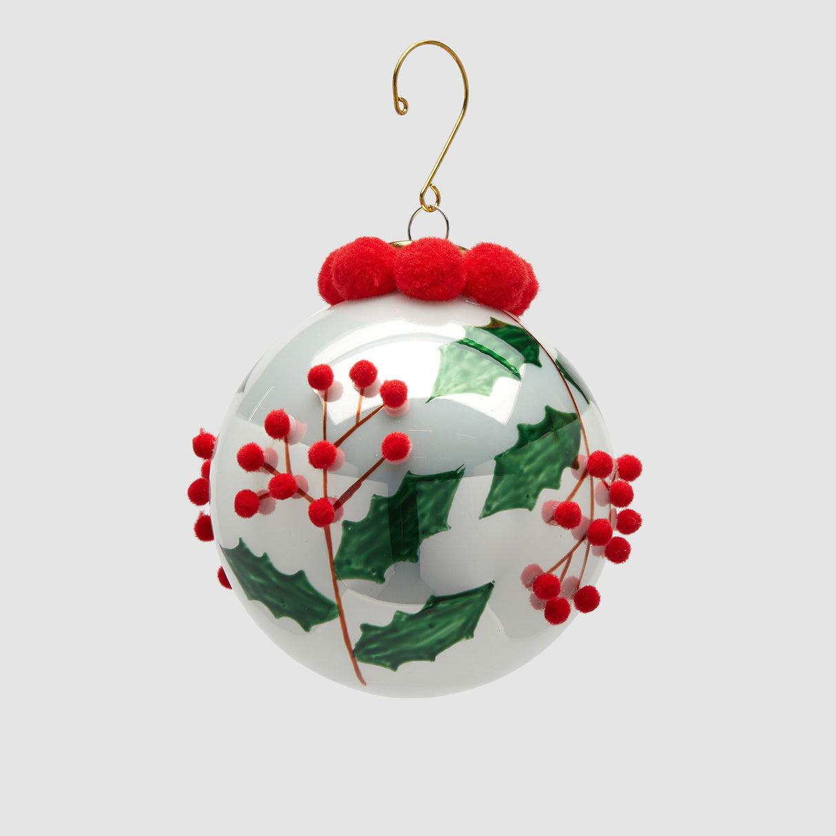 Pallina di Natale EDG in vetro 10 cm con decoro agrifoglio dipinto a mano