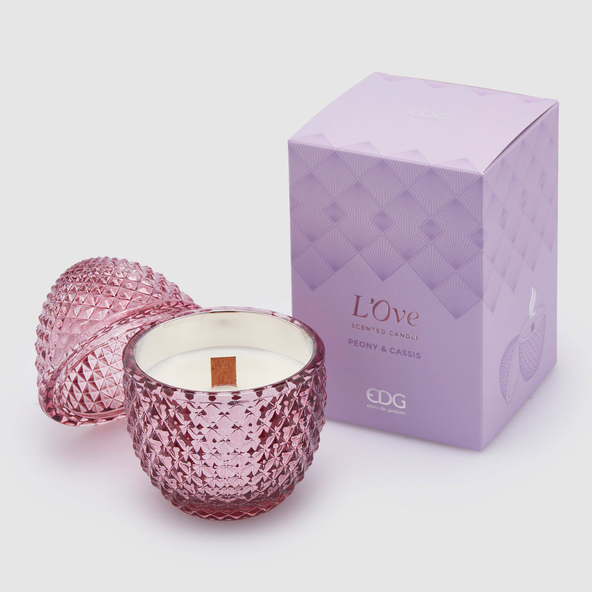 Candela uovo EDG in vetro viola 12x8 cm profumata Peonia e Cassis