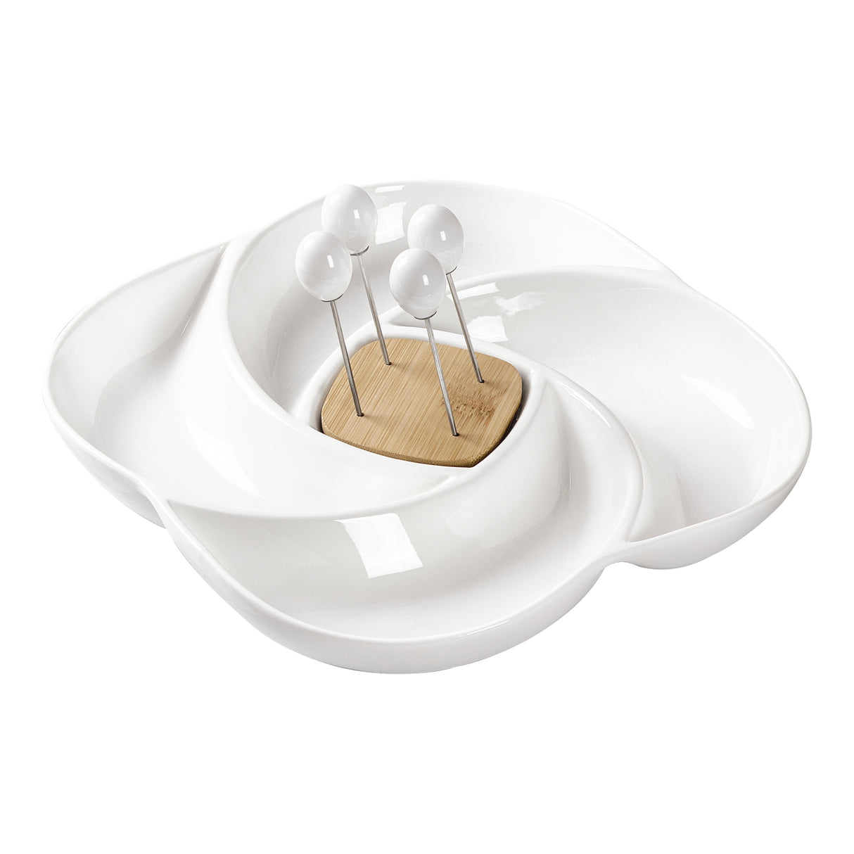 Antipastiera Girella Brandani in porcellana bianca e base in bamboo 24 cm