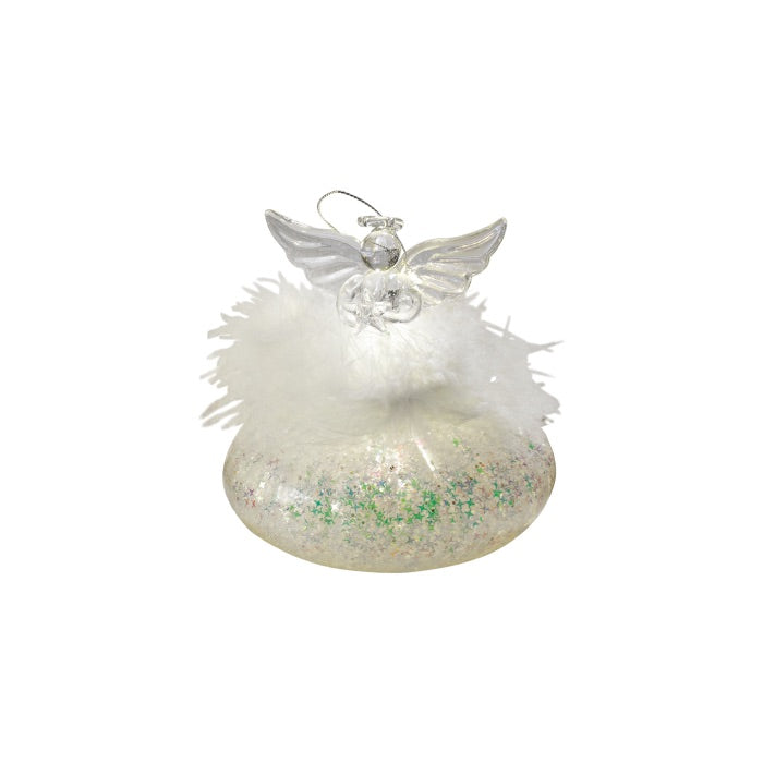Pendaglio Angelo Natale Mascagni Casa in vetro con piume e luci LED 8,5 cm
