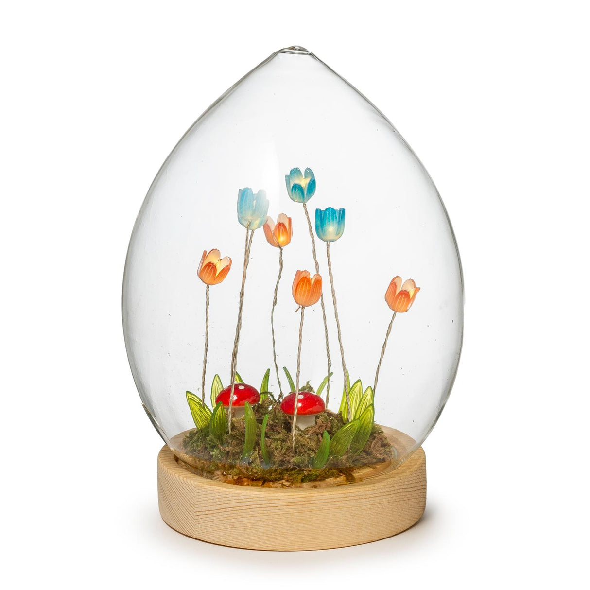 Uovo in vetro con fiori e LED Palais Royal su base in legno 12x17 cm