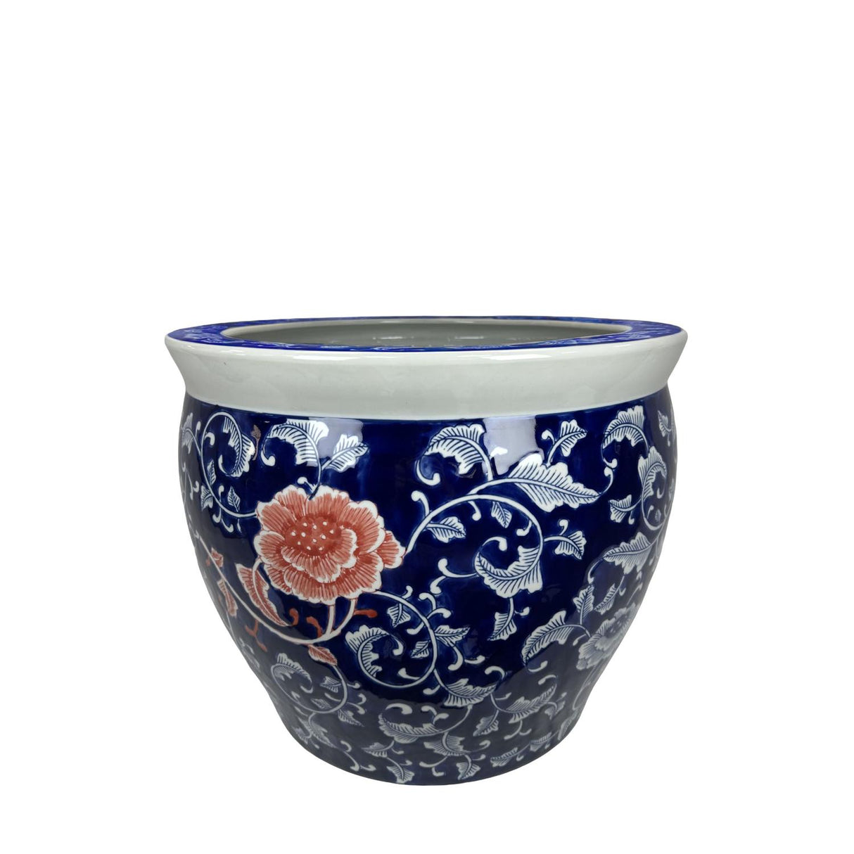 Vaso porta piante Ming Palais Royal in ceramica blu con foglie bianche 41x33 cm