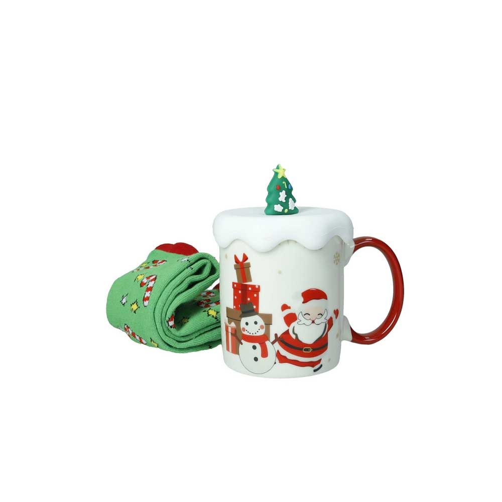 Tazza mug natalizia Brandani in porcellana con calzini e tappo 9,5x8 cm