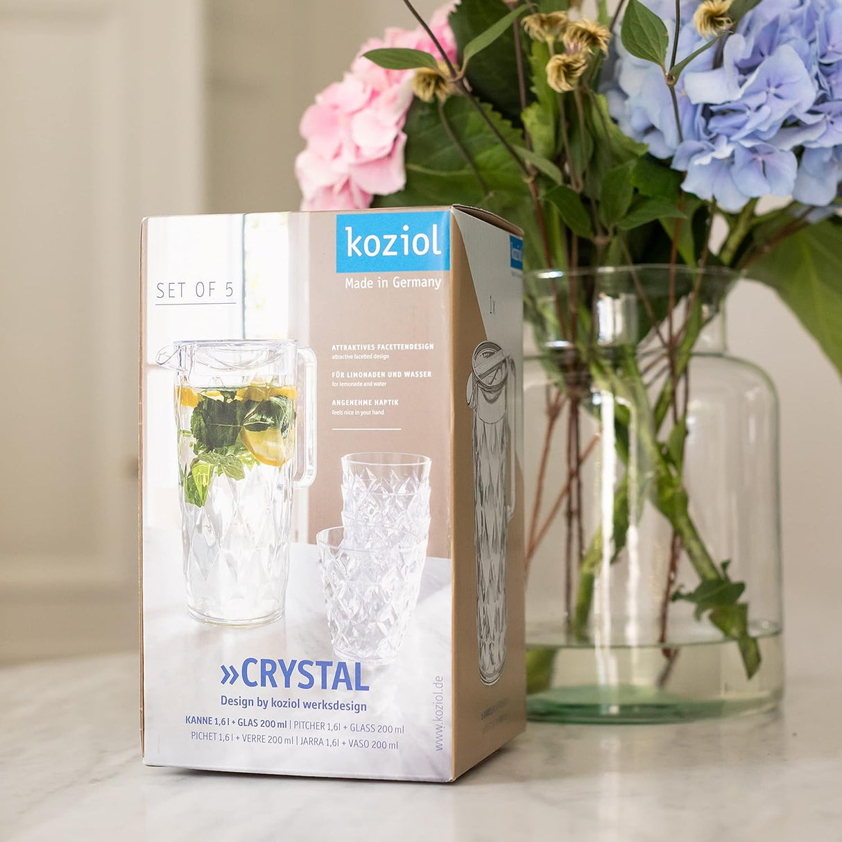 KOZIOL Crystal Brocca Caraffa 1,6L con 4 Bicchieri Superglas