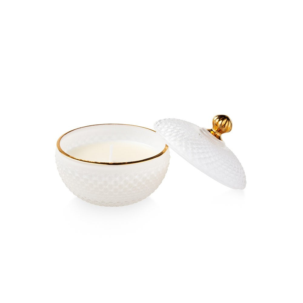 Candela profumata Emò Italia in vetro bianco con decoro a rombi 9x8,5 cm
