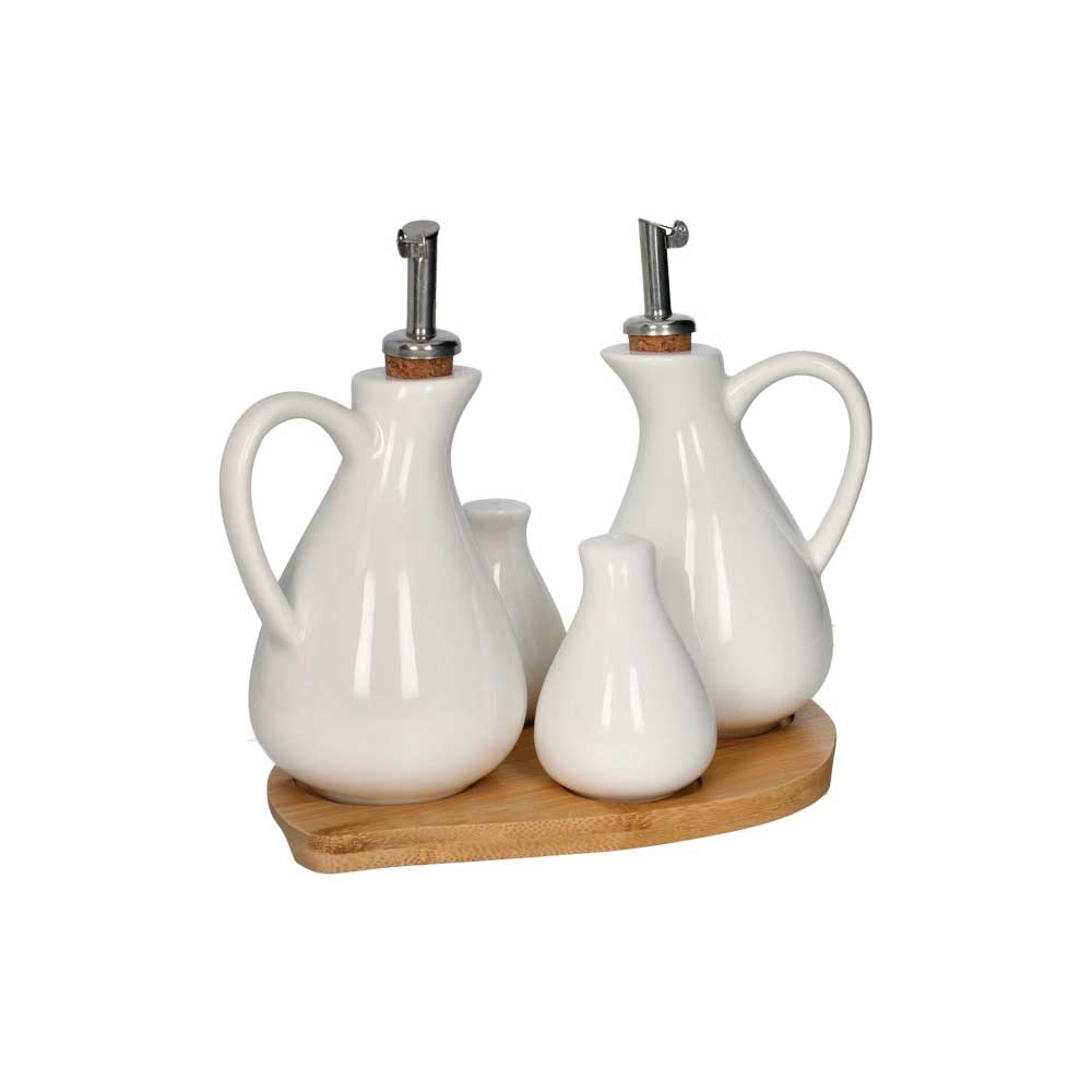 Menage Brandani in porcellana bianca con vassoio in bamboo 21,5x17,5 cm