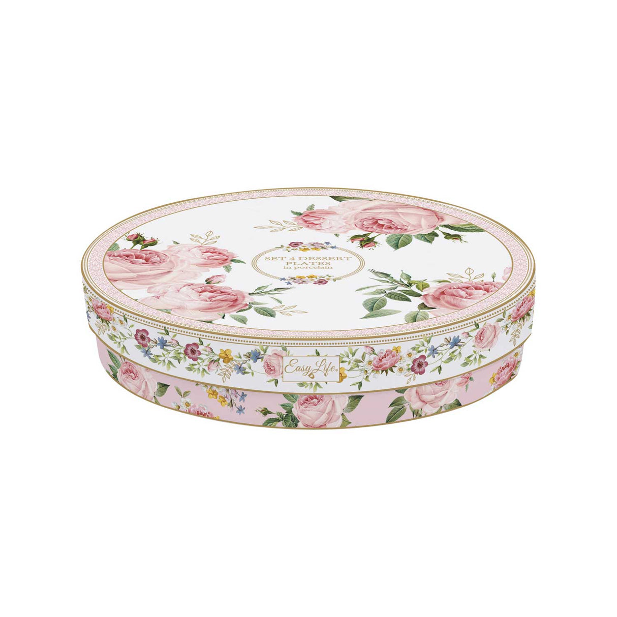 EASY LIFE Set 4 Piatti Dessert in Porcellana 19cm in Scatola Regalo Chant Des Roses