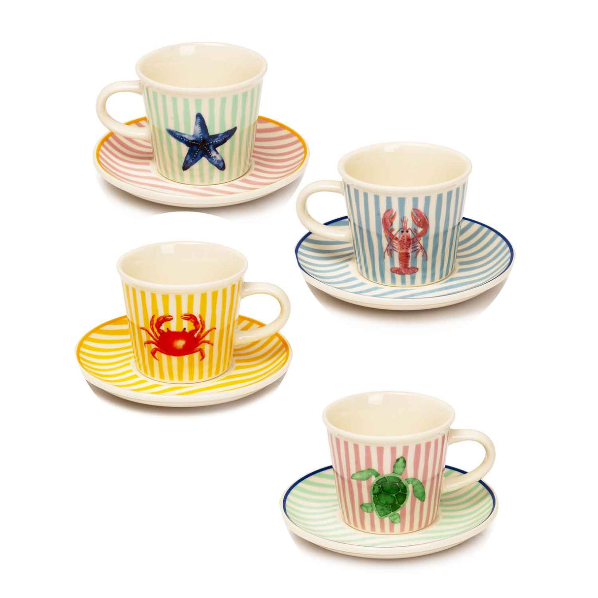 PALAIS ROYAL Set 4 Tazze Caffè con Piattino Mare 100ml in Porcellana