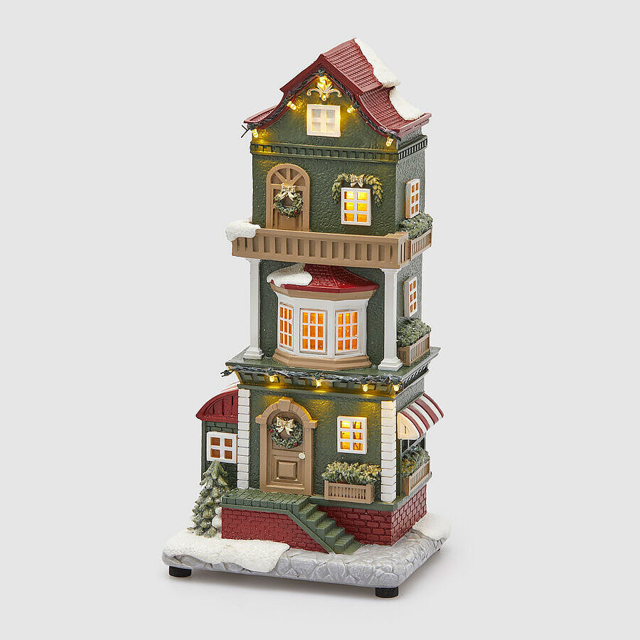 Casetta di Natale EDG in resina con luci LED e decori 36x14,5 cm