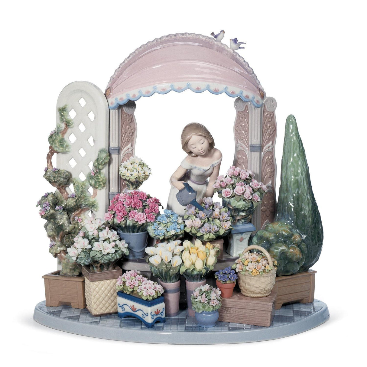 Scultura Donna Fiorire Romantico Lladrò in porcellana decorata 30x32 cm