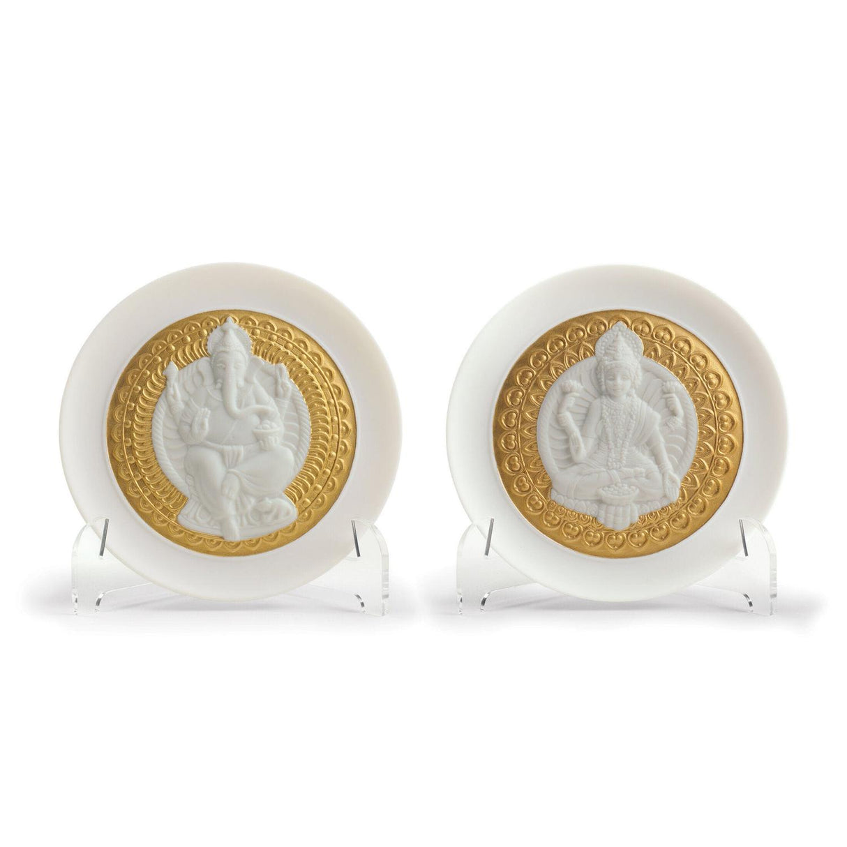 Piatti decorativi Lladrò Lakshmi e Ganesha in porcellana opaca con bordo oro