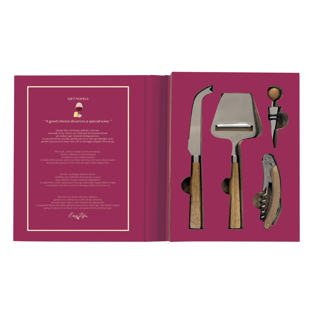 Set vino e formaggi Easy Life in acciaio 4 pezzi con confezione regalo