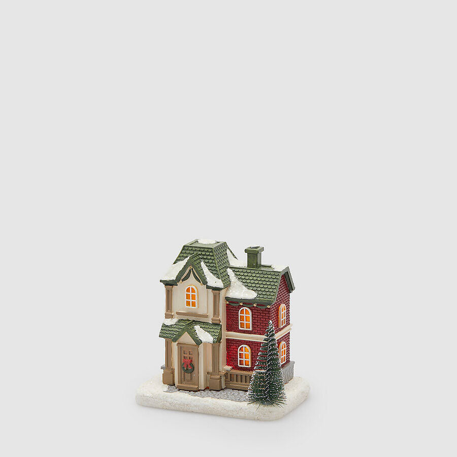 Casetta di Natale EDG in resina con tetto innevato e luci LED 10x11,5 cm