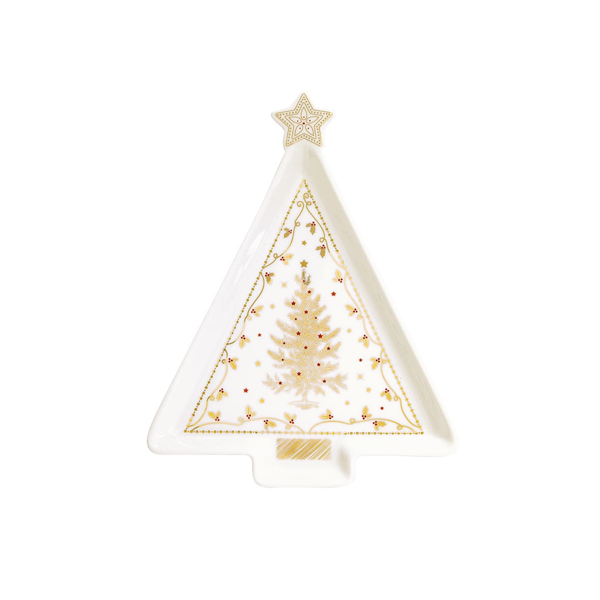 Piatto a forma di abete Easy Life in porcellana con decori natalizi oro