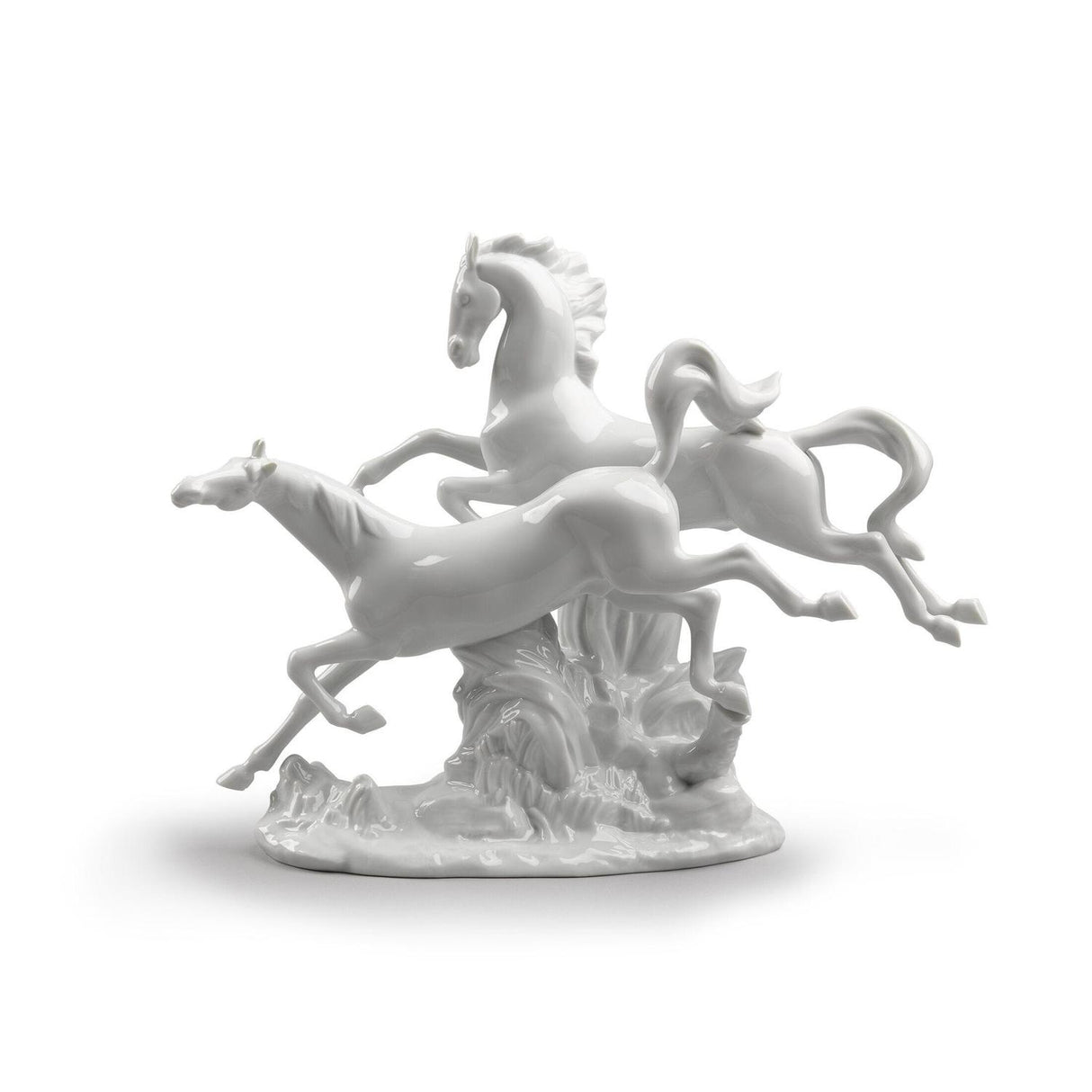 Scultura Cavalli al galoppo Lladrò in porcellana bianca 30x38 cm