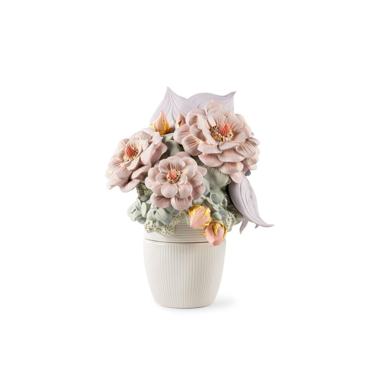 Vaso con fiori rosa Lladrò in porcellana decorata 44x33 cm