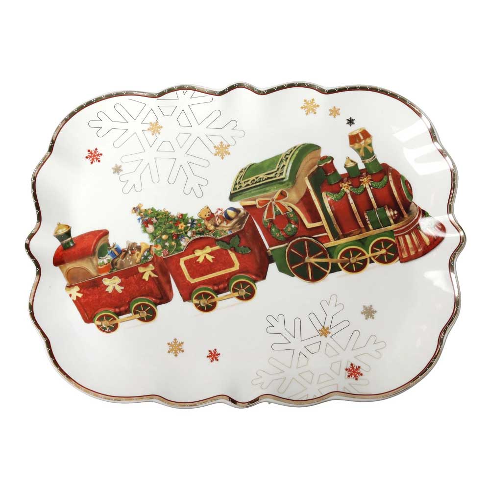 Vassoio natalizio Brandani decoro trenino in porcellana 33,5x25 cm