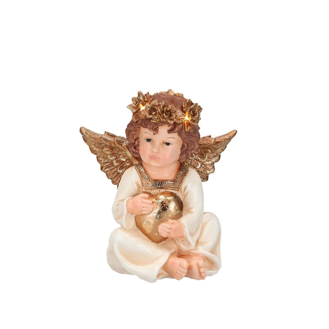Angelo seduto con cuore Timstor in ceramica bianca e oro con LED 19,5 cm