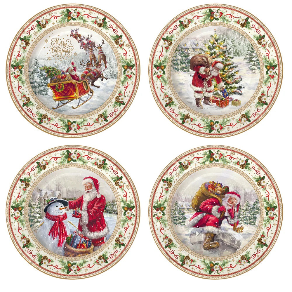 Set 4 piatti dessert Easy Life in porcellana con decoro Babbo Natale 19 cm