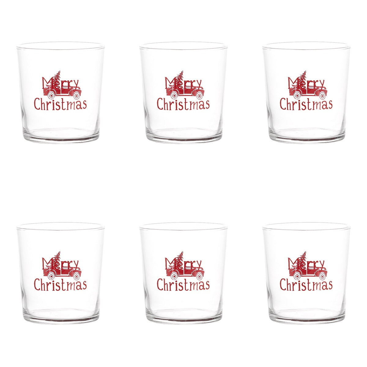 Set 6 bicchieri Merry Christmas Simple Day in vetro con scritta rossa