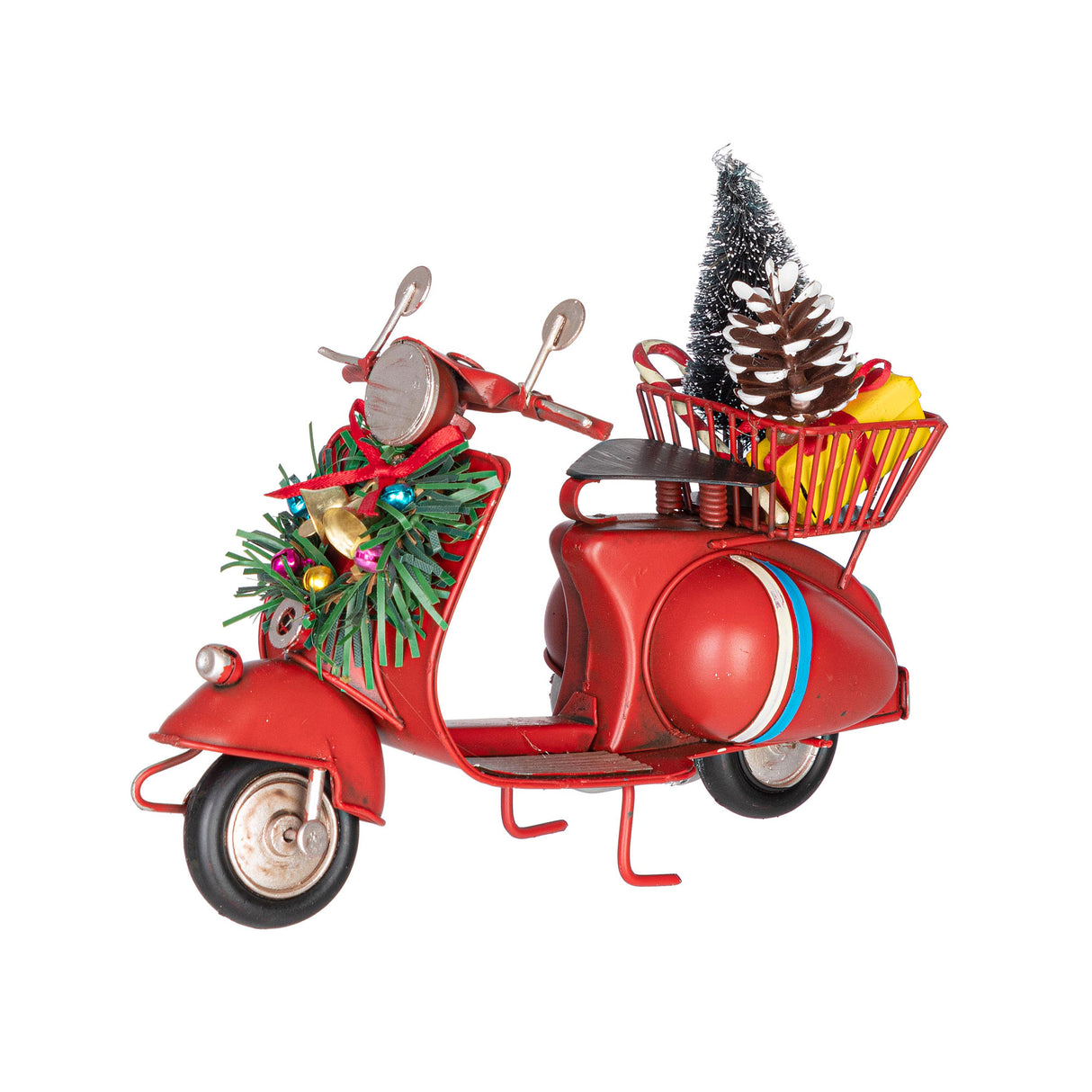 Decorazione natalizia scooter Bizzotto rosso con pino e regali 13x17 cm