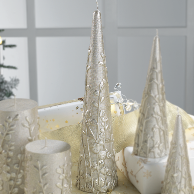 Candela cono Mascagni Casa in cera decorata argento 30 cm