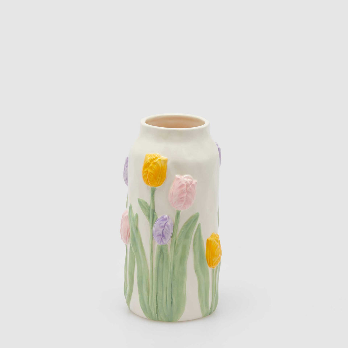 Vaso cilindrico EDG in ceramica con tulipani in rilievo 23x12 cm