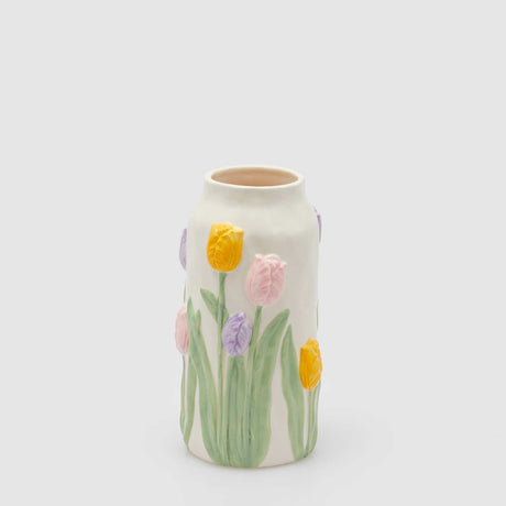 Vaso cilindrico EDG in ceramica con tulipani in rilievo 23x12 cm