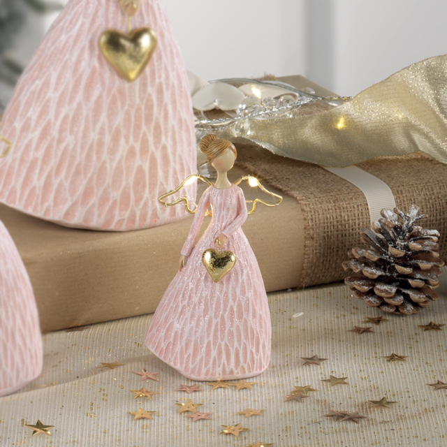 Angelo di Natale Mascagni Casa in resina rosa con luci LED 12 cm