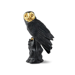 Scultura Gufo Lladrò in porcellana nera opaca con dettagli in oro 41x25 cm