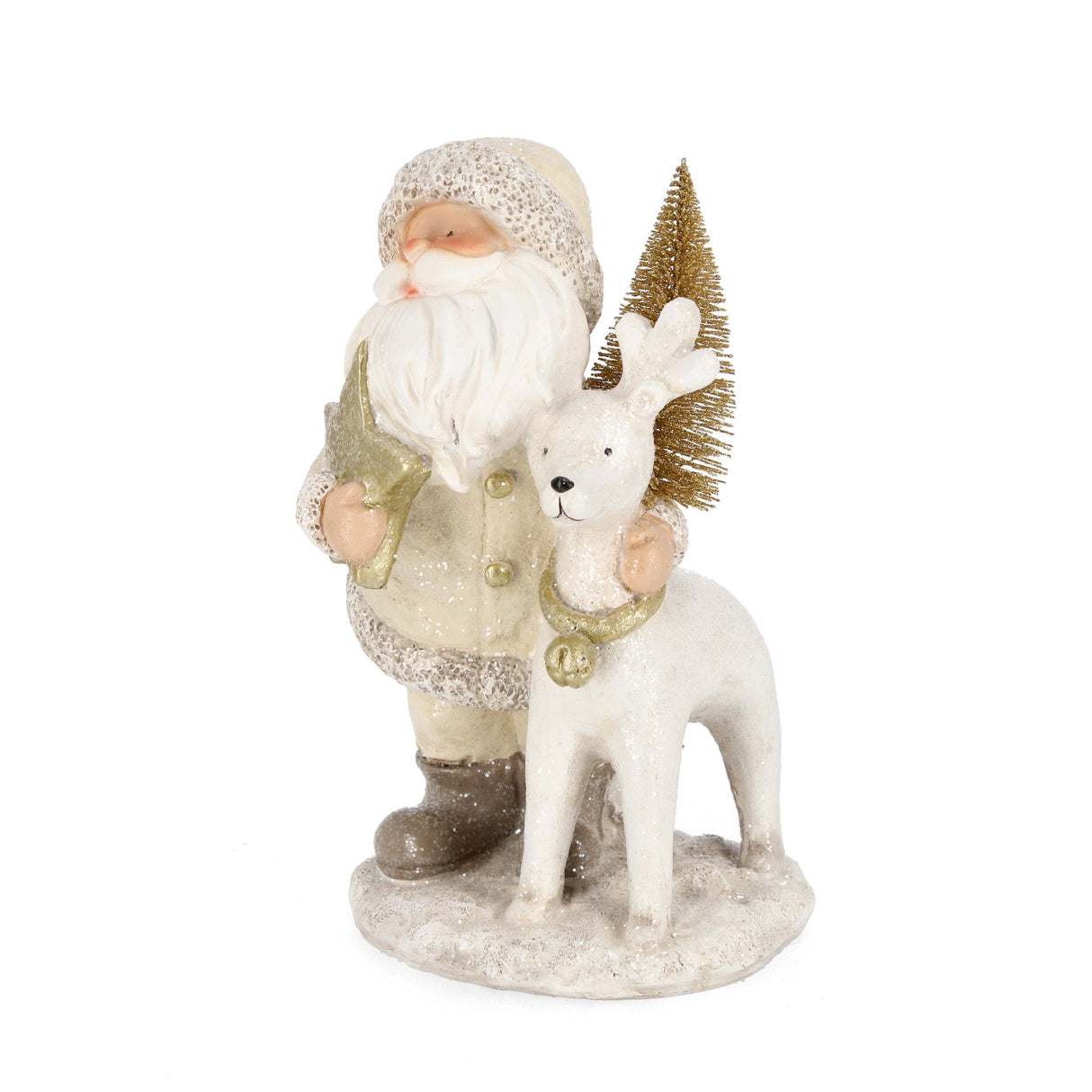 Statuina Babbo Natale con renna Bizzotto in poliresina bianco oro 25 cm
