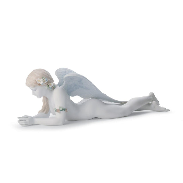 Statuina Angelo Bellissimo Lladrò in porcellana con ali azzurre 42 cm