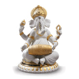 Statuina Ganesha con Mridangam Lladrò in porcellana dettagli oro 23x18 cm