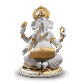 Statuina Ganesha con Mridangam Lladrò in porcellana dettagli oro 23x18 cm