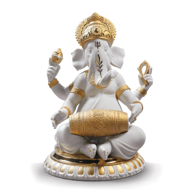 Statuina Ganesha con Mridangam Lladrò in porcellana dettagli oro 23x18 cm