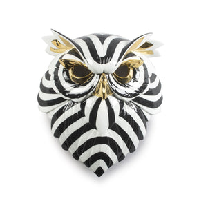 Maschera Gufo Lladrò in porcellana decoro oro e nero 35x32 cm