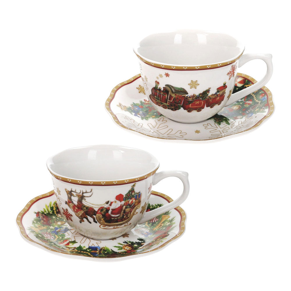 Set 2 tazze tè con piattino Brandani in porcellana decoro natalizio