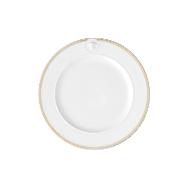 Piatto piano Medaillon Meandre d'Or Versace in porcellana bianca e oro