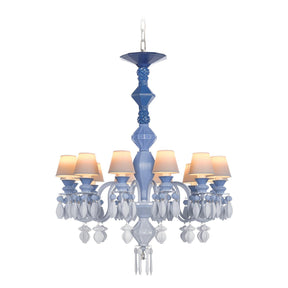 Lampadario Belle de Nuit Lladrò in porcellana azzurra 12 luci