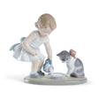 Statuina La Colazione del Gatto Lladrò in porcellana lucida 17x20 cm