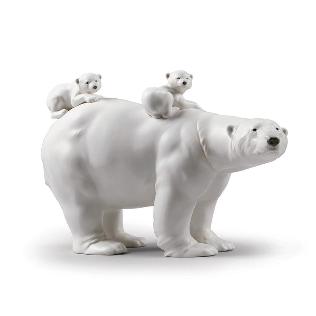 Scultura Mamma Orsa e cucciolo Lladrò in porcellana bianca 25x39 cm