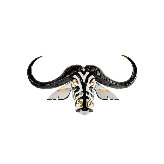 Maschera Bufalo Lladrò in porcellana decorata nero e oro 36x67 cm