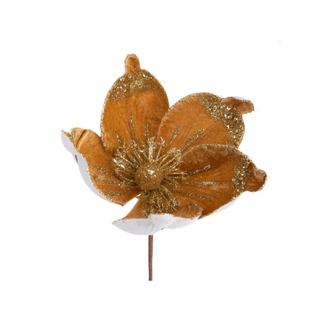 Fiore Magnolia Bianchi Dino in velluto oro glitterato 15 cm