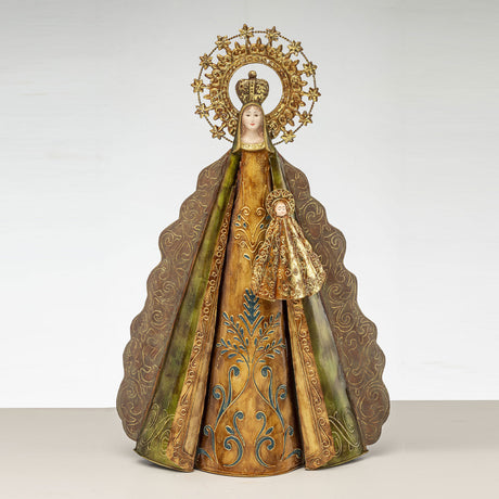 Statua Madonna con Bambino Noel in metallo dorato e decori floreali 51 cm