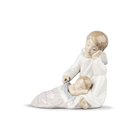 Statuina Angelo Custode Lladrò in porcellana lucida decorata 14x14 cm