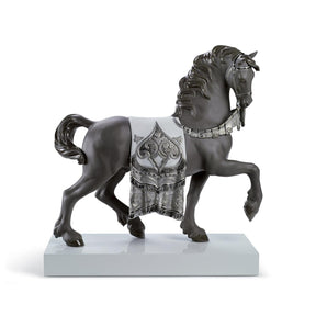 Statuina Cavallo Cortigiano Lladrò in porcellana bianca e argento 42x40 cm